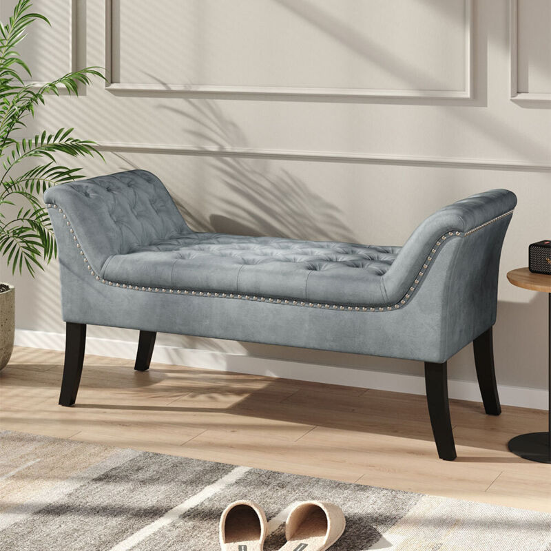 Grey Armed Velvet Buttoned Bed Bench