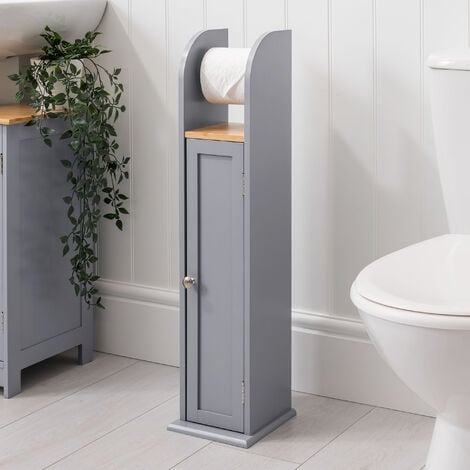 main image of "Grey & Bamboo Toilet Roll Cabinet"