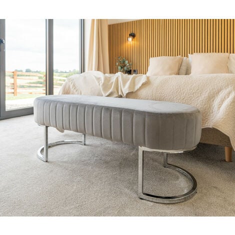 Grey Bench Seat Upholstered Ottoman Footstool Bed End Stool with Silver Chroming Legs