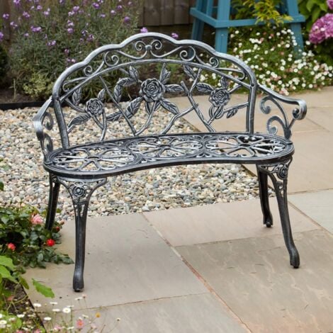 Grey Cast Aluminium Garden Bench Metal Frame 2 Seater Patio Chair Outdoor