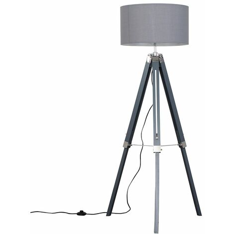 main image of "Grey & Chrome Tripod Floor Lamp with Drum Shade - Grey"