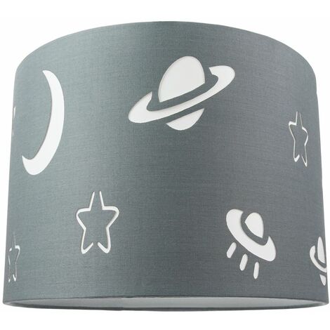 main image of "Grey Cotton Children\'s Lamp Shade with Planets, UFOs, Stars and Moons - 25cm by Happy Homewares"
