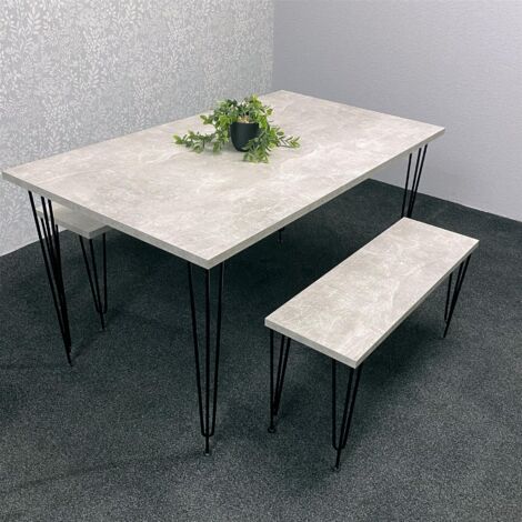 Grey Dining Table with Hairpin Legs & 2 Matching Benches Set for Kitchen & Dining Room