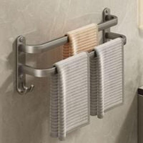 Grey double wall-mounted towel rail, 70 cm, no drilling required, for bathroom and kitchen
