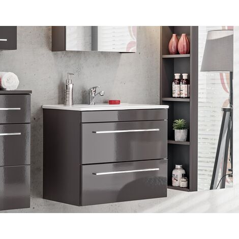 Grey Gloss Bathroom 600mm Vanity Sink Basin Wall Hung Cabinet Drawers Unit Twist - Grey / Grey High Gloss