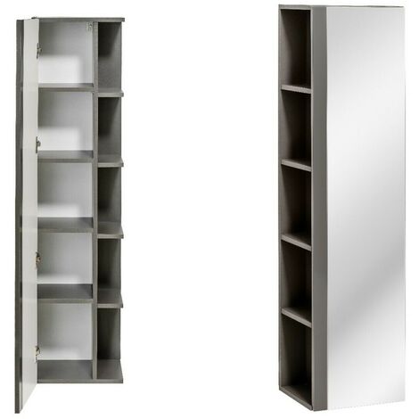 Grey Gloss Bathroom Tallboy Mirror Tall Unit Cabinet Storage Wall Shelving Twist - Grey / Grey High Gloss