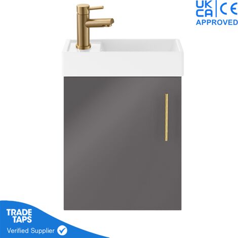 Grey Gloss Wall Hung Vanity Unit 400mm with Brushed Brass Tap, Waste & Handle