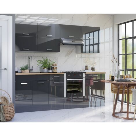 Grey High Gloss Kitchen 11 Units Cabinets Set Acrylic Legs Soft Close 240cm LUXE - White / Anthracite Grey Gloss