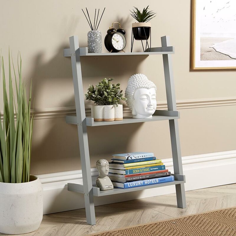 Grey Shelving Unit 3 Tier Display Stand Book Shelf Wall Rack Storage - Ladder