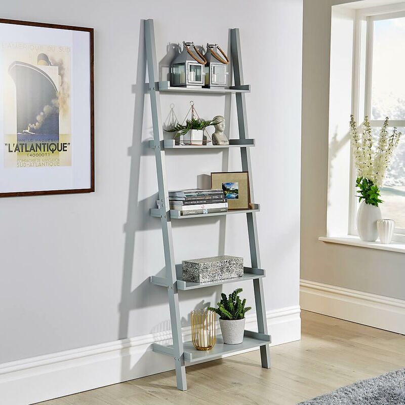 Homesource - Grey Ladder Shelving Unit 5 Tier Display Stand Book Shelf Wall Rack Storage