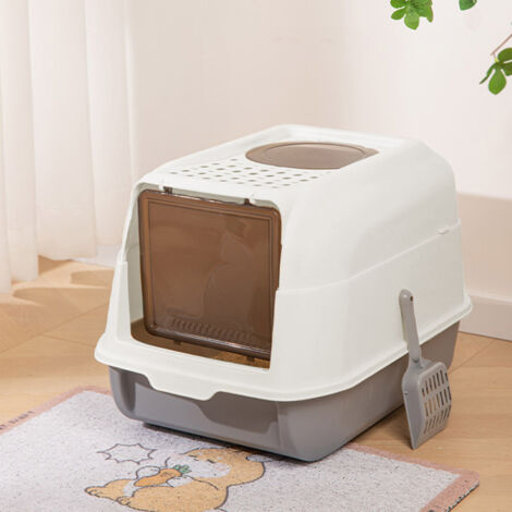 Grey Large Hooded Top Entry Cat Litter Box with Scoop