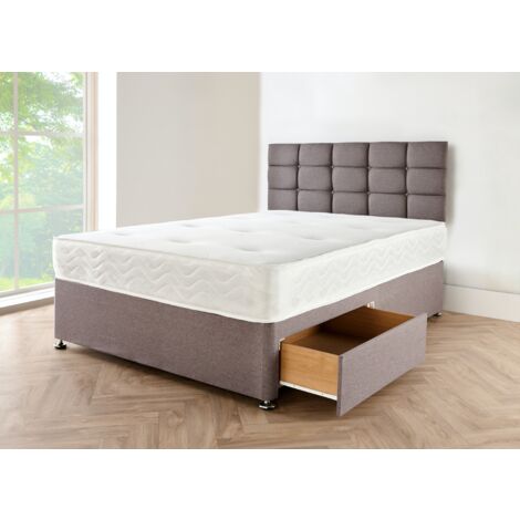Grey LINEN Look Fabric Divan Bed Base with Headboard 3FT SINGLE Bed Frame with 20 Inches High CUBE Headboard With Mattress 10 and 2 Storage Drawers (3FT SINGLE)