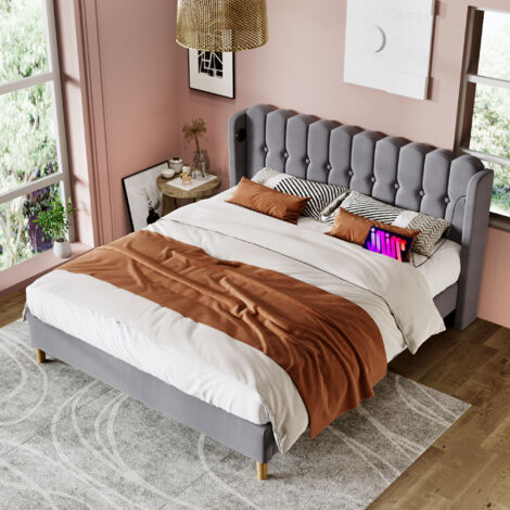 Grey Linen Upholstered Double Bed Frame with USB & Type-C Charging - 4ft6 Wooden Slatted Base, 135x190cm Modern Bed for Teenager & Guest Room (No Mattress Included)