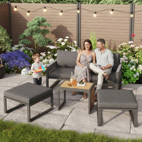 Grey Modular Garden Furniture Set  2-4 Seater Outdoor Corner Sofa with Plastic Wood Table, Weatherproof PE Rattan & Waterproof Linen Cushions, Flexible Patio Lounge Set for Garden, Balcony