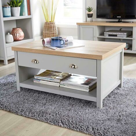 HOME SOURCE Grey Oak Coffee Table 2 Drawer Occasional Reception Table Metal Handles Avon