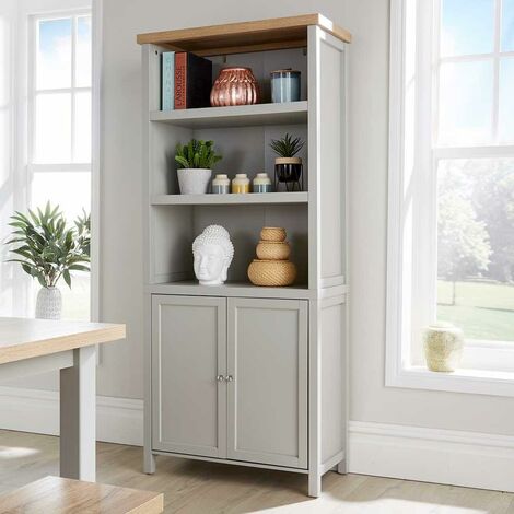 Grey Oak Tall Display Bookcase 3 Shelf 2 Door Storage Cupboard Metal Handles