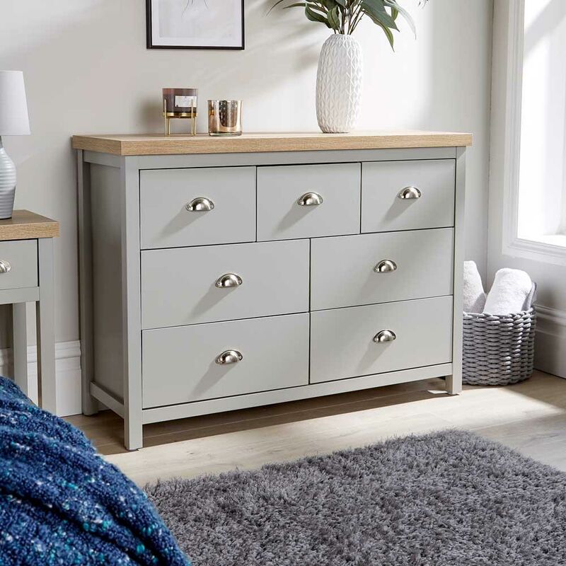 Grey Oak Wide 7 Drawer Chest of Drawers Storage Metal Cup Handles Two Tone - Avon