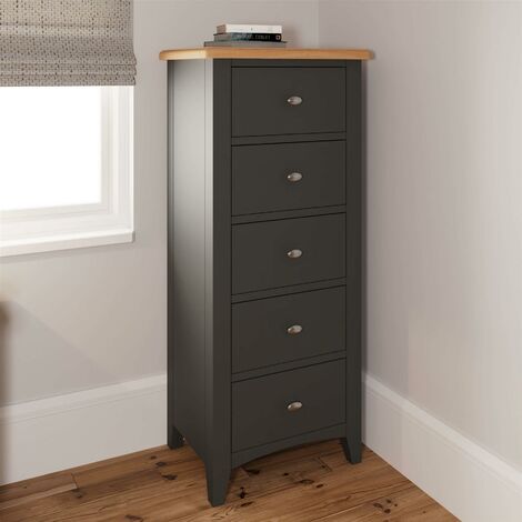 main image of "Grey Painted 5 Drawer Narrow Chest Storage Tallboy Wood Frame Two Tone Oak Top"