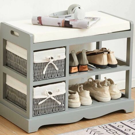 main image of "Grey Painted Wooden Hallway Bench 2 Basket 2 Shelf Storage White Cushioned Top"