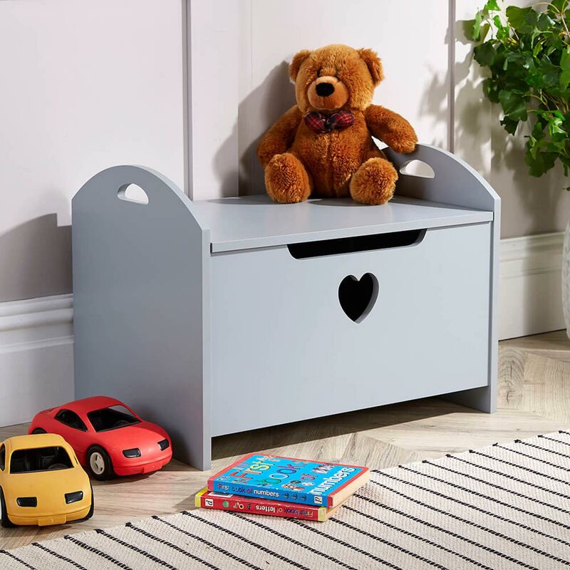 ZOE - Grey Painted Wooden Storage Ottoman Bench Toy Cabinet Trunk Front Heart Cut-Out