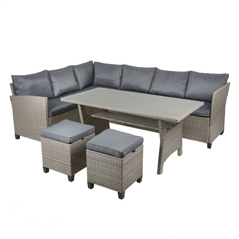 main image of "Grey Rattan Corner Sofa & Dining Table Lounge Set Outdoor Garden Patio Furniture"