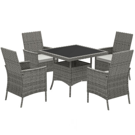 Grey Rattan Outdoor Dining Set for 4 with Cushions, Square Tempered Glass Table, Ideal for Balcony, Terrace, or Conservatory