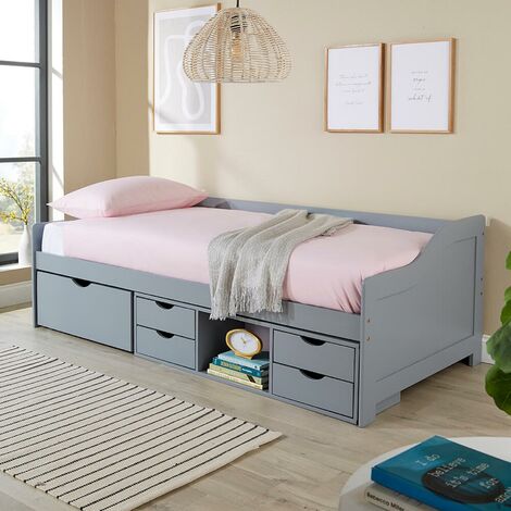 main image of "Grey Solid Pine Cabin Bed 3ft Single Guest Bed Under Bed Storage With 5 Drawers"
