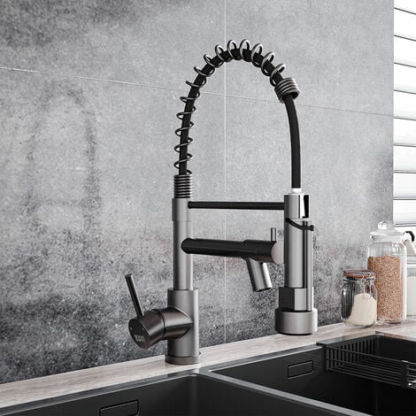 Grey Stainless Steel Kitchen Faucet with Pull Down Spring Spout Single Hole Faucet, Grey