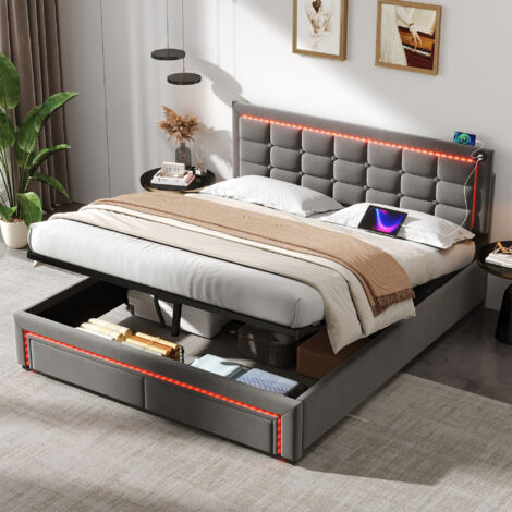 Grey Velvet Bed Frame with Hydraulic Storage Drawers & RGB LED Headboard - Adjustable Upholstered Bed with Charging Station, Button Tufted Design for Bedroom (No Mattress),5ft King Size