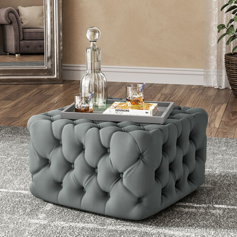 Grey Velvet Buttoned Tufted Footstool 62cm x 62cm x 40cm