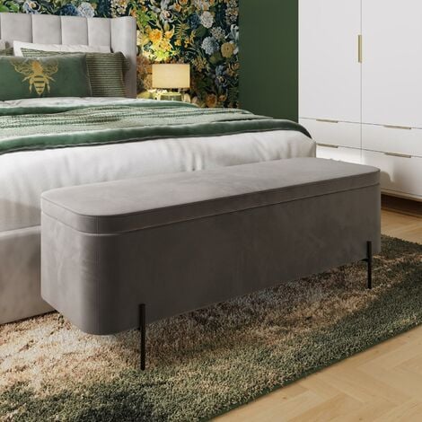 Grey Velvet Ottoman Storage Bench Box Black Metal Legs