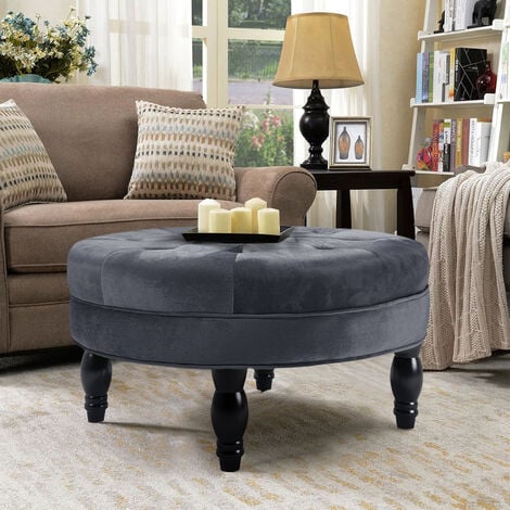 Blue Velvet Round Buttoned Footstool With 4 Wood Legs