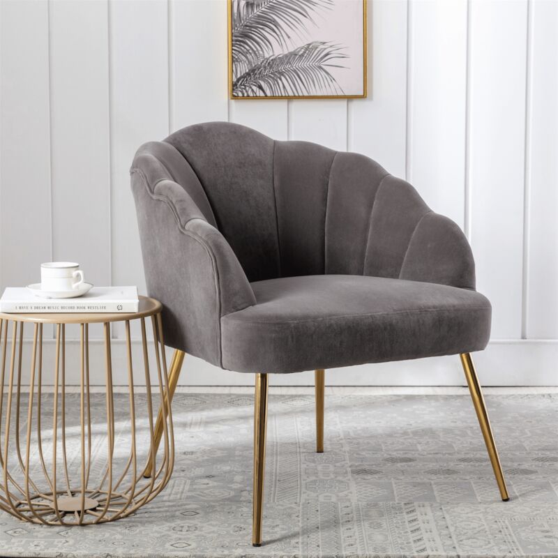 Home Source - Grey Velvet Scallop Accent Chair Wing Back Armchair Occasional Sofa Gold Legs