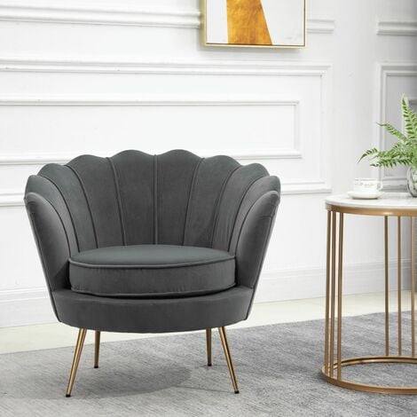 main image of "Grey Velvet Upholstered Scallop Chair Golden Wooden Legs Modern Padded Armchair"