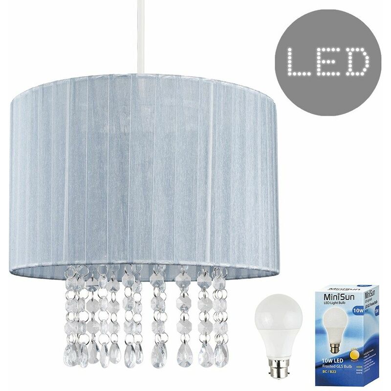 Minisun - Grey Voile Ribbon Wrapped Pendant Shade + Acrylic Droplets - 10W LED GLS Bulb Warm White