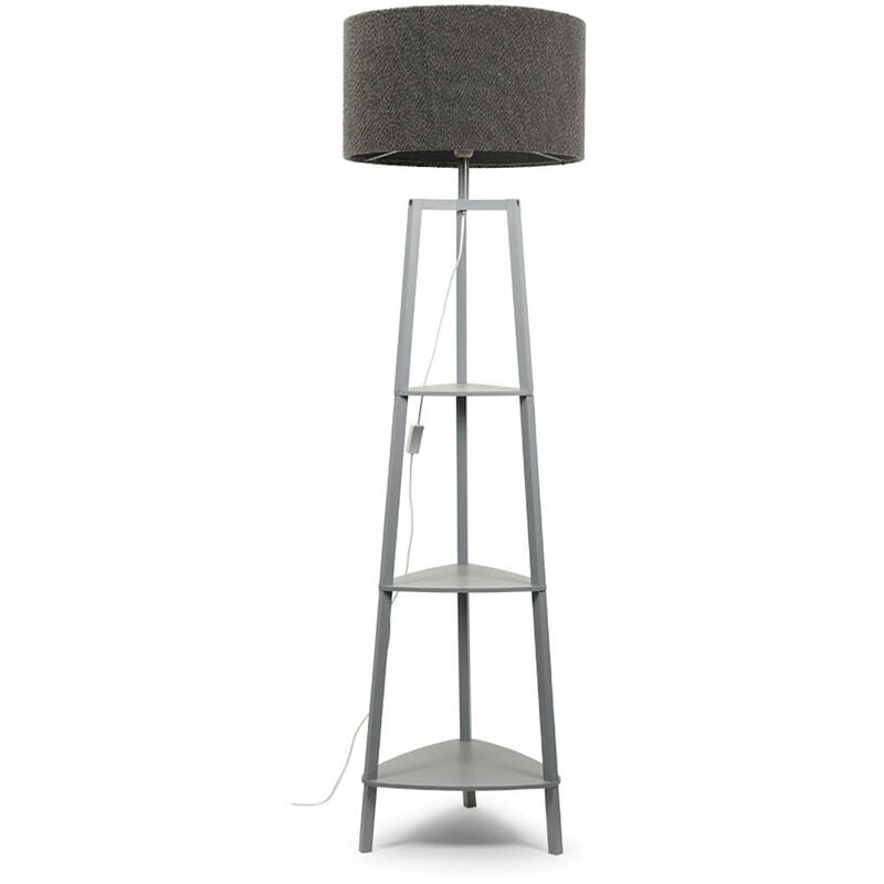 Grey Wood Floor Lamp 3 Tier Shelf Base Large Boucle Lampshade Living Room Light - Charcoal - No Bulb