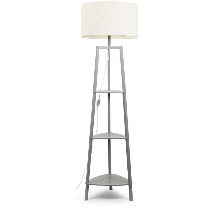 Grey Wood Floor Lamp 3 Tier Shelf Base Large Boucle Lampshade Living Room Light - Cream - No Bulb