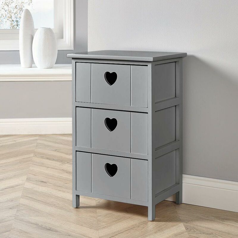 Grey Wooden 3 Drawer Chest Storage Unit Bedroom Organiser Bedside Love Hearts