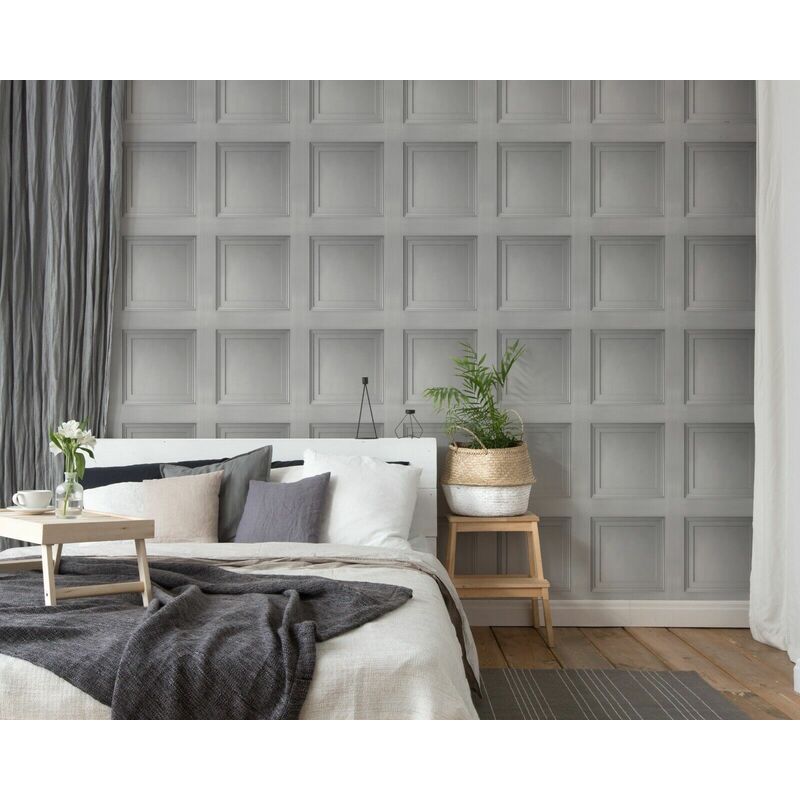 Grandeco - Grey Wooden Panel 3D Effect Realistic Square Panelling Smooth Flat Wallpaper