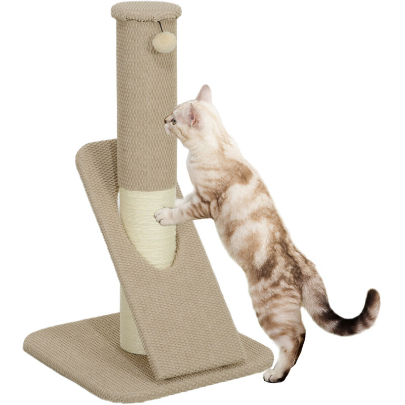 Griffoir chat taille m - Poteau à griffer H.84 cm, jeu boule - sisal naturel revêtement patchwork grain d'ananas beige