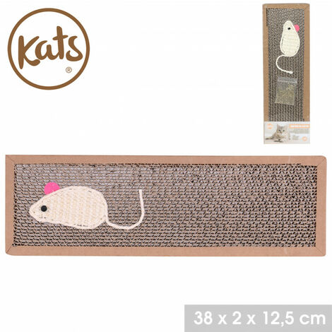 Griffoir décor souris et herbe à chat KATS - Marron, blanc - Carton - L 38 x l 12.5cm - Livraison gratuite