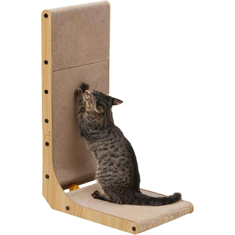 Griffoir pour chat, 68 cm en forme de l, griffoir mural pour chat, carton à gratter avec balle, jouet pour chats d'intérieur