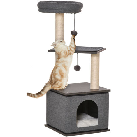 Griffoir pour chat Jouet pour chat Grimper à l’arbre Possibilités de jeu Jeu Sisal Corde de jeu Plaque PB Sisal Gris foncé 40 x 40 x 104 cm