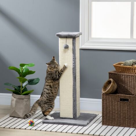 Griffoir pour chat poteau griffoir chat en sisal et peluche, boule suspendue base stable 41 x 41 x 81 cm gris et crème