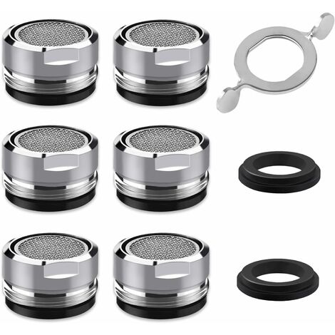 Grifo aireador M24, 6 piezas aireador grifo de ahorro de agua con acero inoxidable y filtro ABS, incluye 8 juntas y 1 llave de aireador cromada para grifo de lavabo de baño y cocina