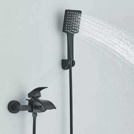 SUGUWORD Grifo Bañera y Ducha Monomando con Alcachofa, Manguera y Soporte - Grifo de Bañera con Caño, 150cm Cable Ducha PVC, Cabezal Ducha- Negro Mate