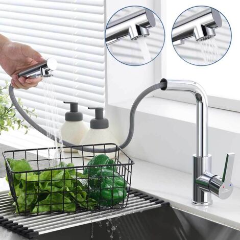 Grifo Cocina Extraible, Auralum grifos cocina fregadero con Ducha de 2 Modos de Rociado, Grifo de Cocina Giratorio 360 ° con Burbujeador Desmontable, Caliente y Fria Agua, Chrom