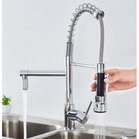 SUGUWORD Grifo Cocina Para Fregadero 2 Salidas Con Ducha Extraible 360°Rotación Grifo Muelle Profesional de Cocina y Lavabo Fría/Caliente Alternativa,Dos Tipos de Chorro,Color plateado R3/8”