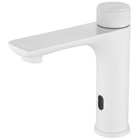 Grifo con sensor infrarrojo, agua fría y caliente, manguera de entrada de 3/8", montaje sobre encimera, funciona con pilas, apto para fregaderos, color blanco.