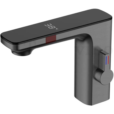 Grifo con sensor inteligente, grifo de lavabo con pantalla digital, grifo sin contacto, mezclador de agua fría y caliente, adecuado para baño (negro)